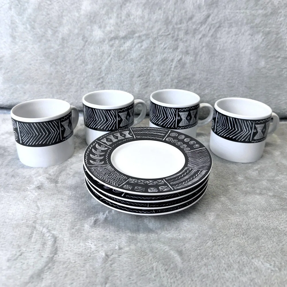 Sakura Batik Cup & Saucer Dessert Set Black White Stoneware Sue Zipkin 1993‎
